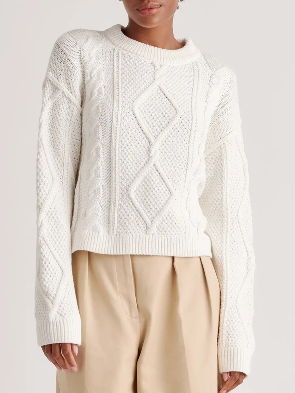 Quince White Organic Cotton Cable Knit Crewneck Sweater